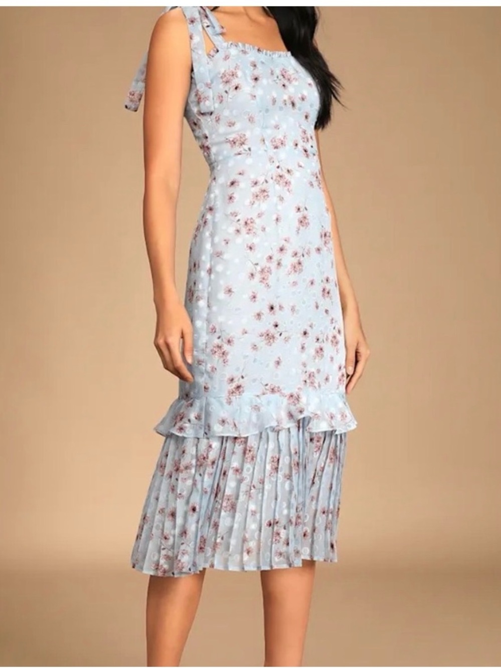 Lulu's Powder Blue Floral Tie-Shoulder Midi Dress